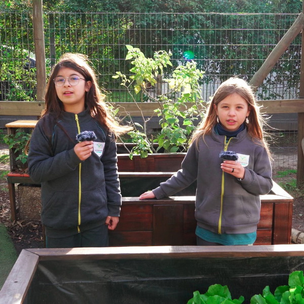 Niñas de Colegio Juan Salvador Gaviota explican el sistema de riego de la huerta